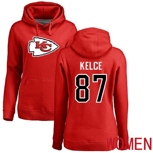 Women Football Kansas City Chiefs #87 Kelce Travis Red Name and Number Logo Pullover Hoodie->kansas city chiefs->NFL Jersey
